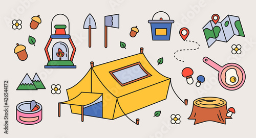 Collection of camping equipment. outline simple vector illustration.