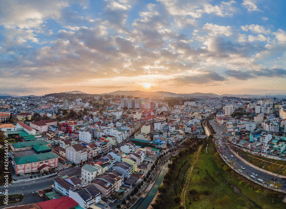 Aerial view of Dalat city. The city is located on the Langbian Plateau in the southern parts of the Central Highlands region of Vietnam
