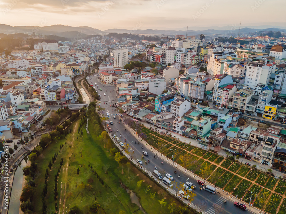 Obraz premium Aerial view of Dalat city. The city is located on the Langbian Plateau in the southern parts of the Central Highlands region of Vietnam