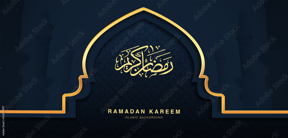 Realistic Ramadan Kareem holiday banner design with 3d gold mosque door texture. web poster, flyer, stylish brochure, greeting card, cover. Vector illustration. arabic text translation ramadan kareem