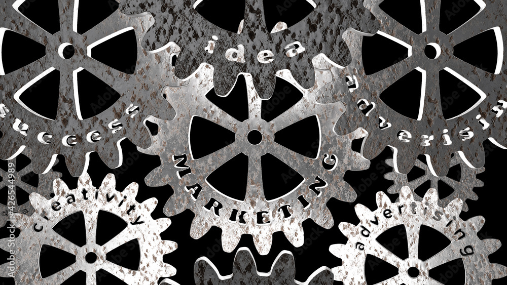 Business concept MARKETING: words metal letters in gears. 3d rendering