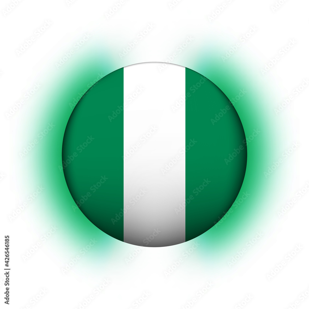 Glass light ball with flag of Nigeria. Round sphere, template icon. Nigerian national symbol. Glossy realistic ball, 3D abstract vector illustration highlighted on a white background. Big bubble Glass light ball with flag of Nigeria. Round sphere, template icon. Nigerian national symbol. Glossy realistic ball, 3D abstract vector illustration highlighted on a white background. Big bubble