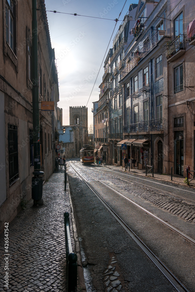 tram in the streets of lisbon