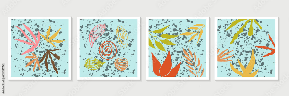 Abstract trendy universal artistic background templates with floral line art and boho rustic pastel color. Good for cover, invitation, banner, placard, brochure, poster, card, flyer and other.