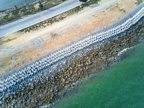 Bilde på lerret Cement block breakwater of coastal highway, aerial photography of highway seawal