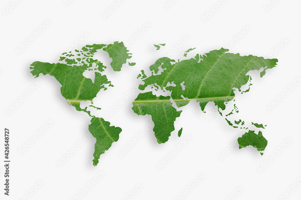 eco world map made of green leaves On a white background..Ecology and green environment concept