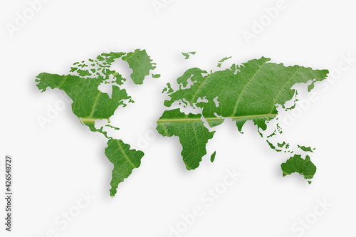 eco world map made of green leaves On a white background..Ecology and green environment concept