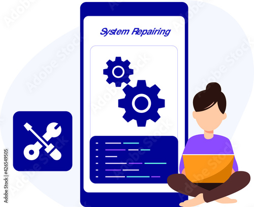 System software update and repair, loading process, computer installation on laptop concept, vector flat illustration