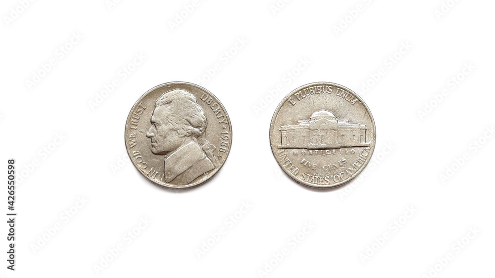 1988 United States of America Five Cent Coin Front and Back Side Isolated on White Background 1988 United States of America Five Cent Coin Front and Back Side Isolated on White Background