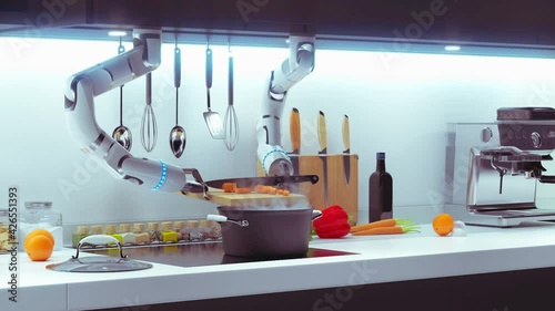 Automatic neural intelligent kitchen robot produced food. 4k 3d animation