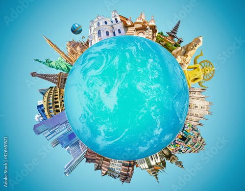 Photography World religious and architecture monuments- collage or globe from different religions from Asia, Africa and Europe