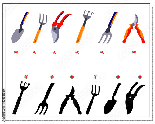 A puzzle game for kids. Find the right shade for your garden tools. Vector isolated on a white background.