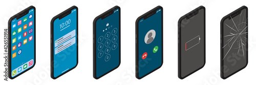 Isometric Various mobile phone screens アイソメトリックなスマホの色々な画面