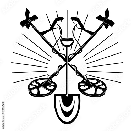 Vector silhouette logo of a treasure digger searching for ancient coins under the ground. Metal detector with shovel treasure hunt emblem