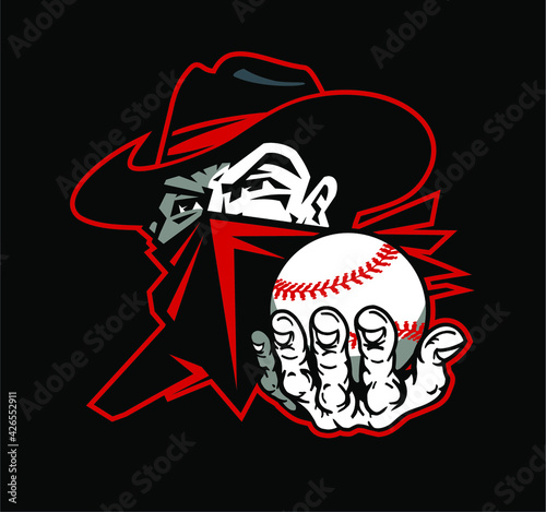 cowboy bandit baseball team mascot holding ball for school, college or league