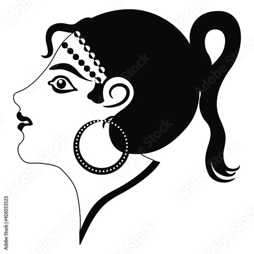 Head of a pretty Cretan Minoan girl or young woman. Black and white silhouette.