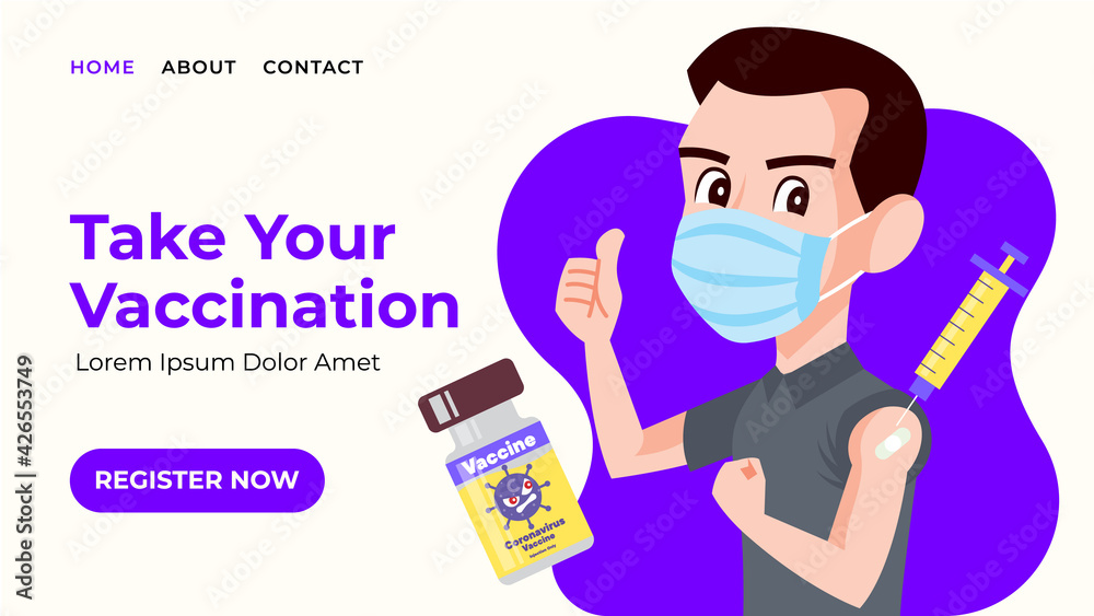 Landing web page template of Vaccination Registration. Modern flat design web banner of male take vaccine injection and showing thumb up. Syringe with needle and vaccine bottle floating around. Landing web page template of Vaccination Registration. Modern flat design web banner of male take vaccine injection and showing thumb up. Syringe with needle and vaccine bottle floating around.