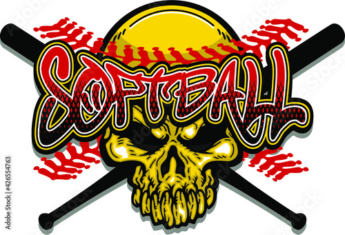 softball skull team design with red stitches and crossed bats for school, college or league