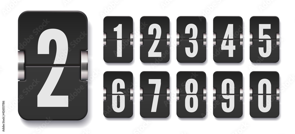 Set of flip score board numbers with shadows for black countdown timer or calendar isolated on white. Vector template for your design. Set of flip score board numbers with shadows for black countdown timer or calendar isolated on white. Vector template for your design.