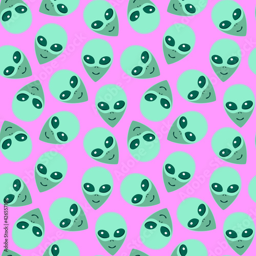 Seamless pattern with Aliens green heads. UFO, Humanoids endless backdrop isolated. Smiling visitors, Martians. Vector illustration, wallpaper on theme of space, conspiracy theory, Sci-fi, fantastic