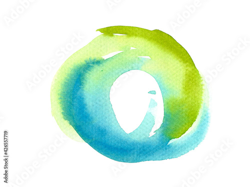 green - blue abstract circle background. Watercolor hand painting on white background. Grunge design element for poster, flyer, name card.