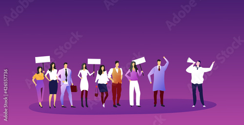 businesspeople protesters holding protest posters men women with blank vote placards demonstration speech political freedom concept horizontal full length