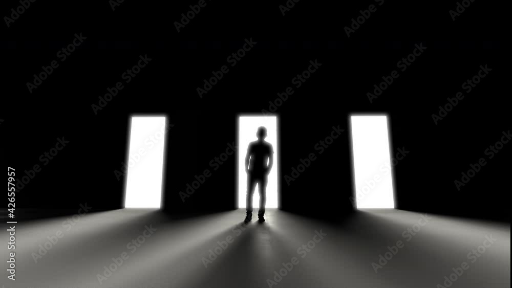 Man standing at three opening doors in darkness, light rays coming trough. Decision concept