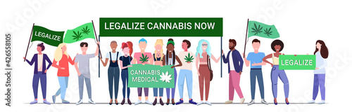 mix race people holding legalize cannabis now protest poster medical marijuana legalization drugs consumption concept horizontal full length