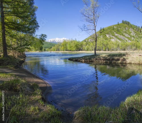 Calm river flow, spring landscape on a sunny morning © Valerii