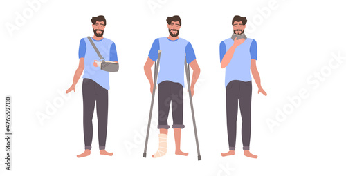 set man with injuries fracture of leg arm and neck damage guy with gypsum and fixing collar broken limbs collection flat full length horizontal