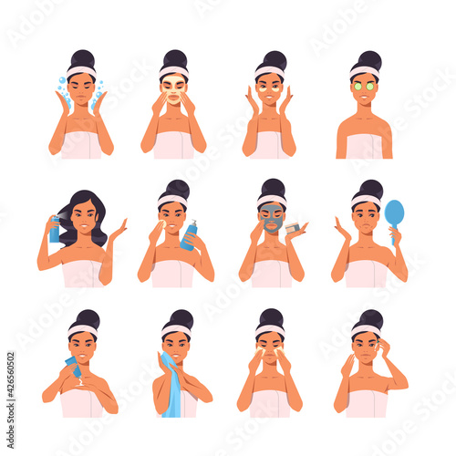 set young woman applying makeup dressed in towel girl cleaning and care her face skincare spa relax facial treatment concept portrait