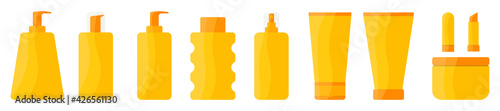 Set of orange sunscreen beauty skincare products. Summer sunblock cream bottles.