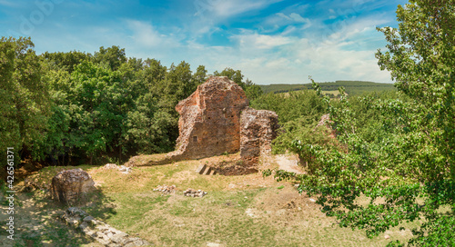 Aerial view of Kereki medieval castle ruin in Somogy county near Lake Balaton Hungary made of brick