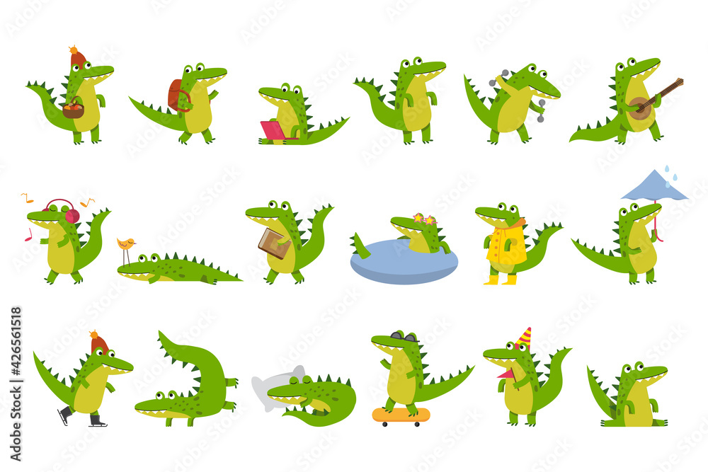 Cute Green Crocodile Engaged in Different Activities Vector Illustration Set Cute Green Crocodile Engaged in Different Activities Vector Illustration Set