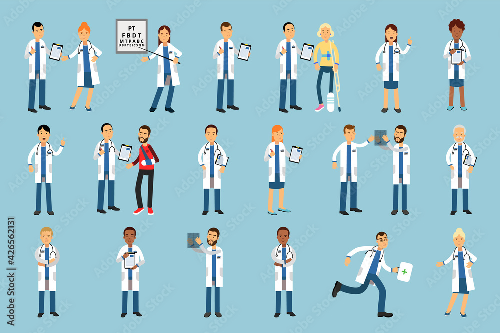 Man and Woman Doctors Wearing Medical Uniform and Stethoscope Checking X-ray Photograph and Consulting Patient Vector Illustrations Set