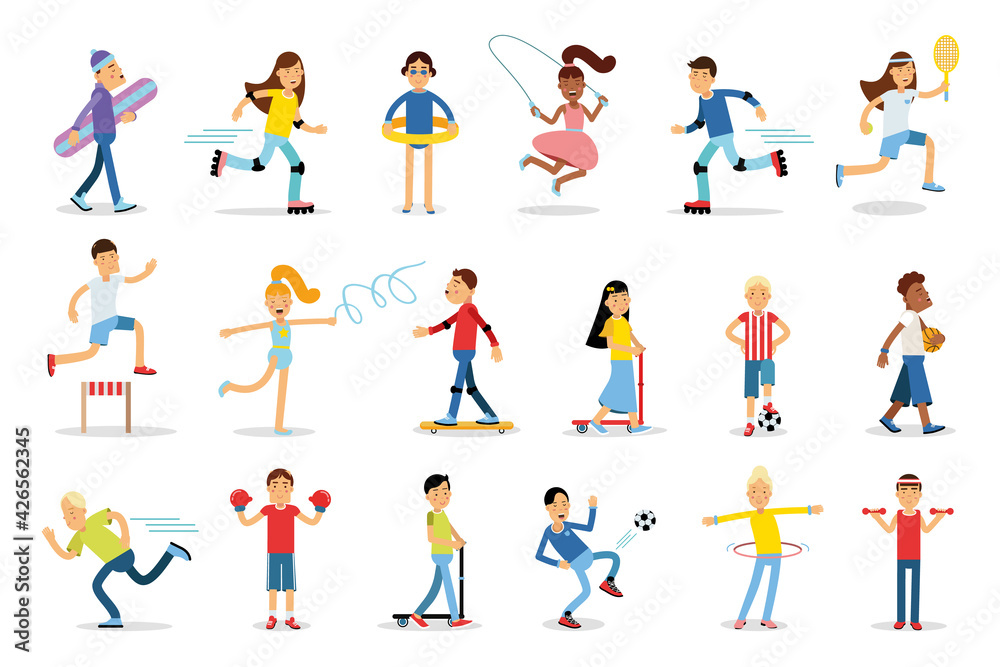 Young People Characters Doing Sport Vector Illustration Set