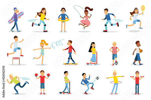 Young People Characters Doing Sport Vector Illustration Set