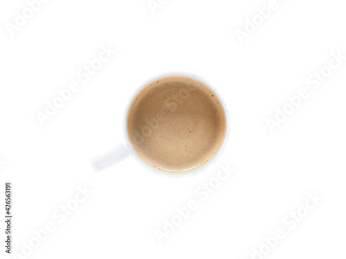 Top view espresso coffee in a white ceramic cup isolated on a white background. .