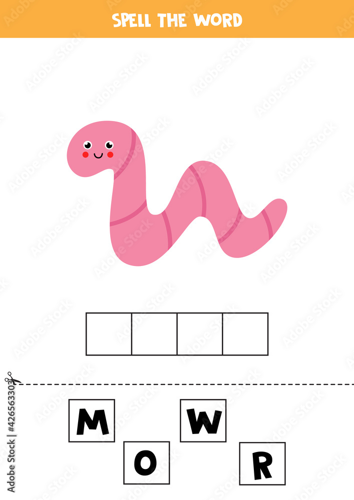 Spelling game for kids. Cartoon pink worm. Spelling game for kids. Cartoon pink worm.