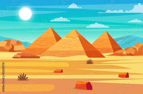 Egyptian desert with pyramids.