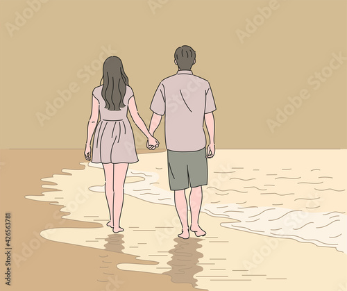 A couple of men and women are walking on the beach holding hands. hand drawn style vector design illustrations. 