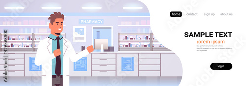 smiling male doctor pharmacist modern pharmacy drugstore interior medicine healthcare concept horizontal portrait copy space