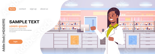 african american female doctor pharmacist modern pharmacy drugstore interior medicine healthcare concept horizontal portrait copy space
