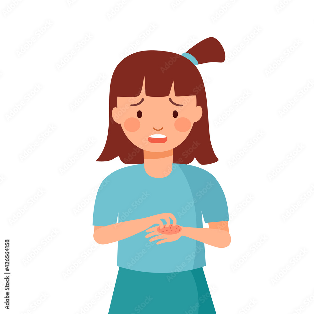 Girl children scratching hand suffering strong allergy skin itchy symptom in flat design. Red rash skin irritation.
