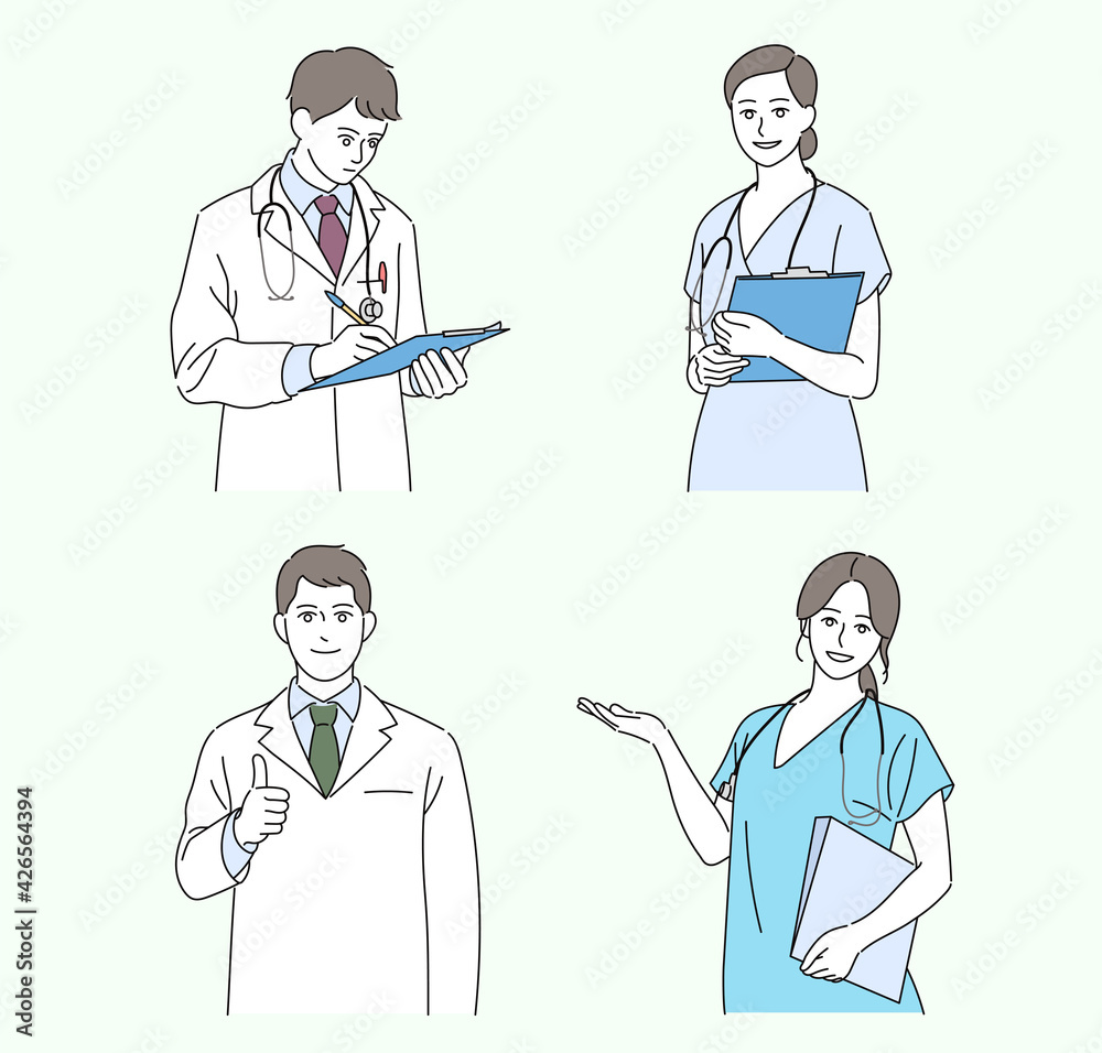 The doctors are smiling and making gestures. hand drawn style vector design illustrations. The doctors are smiling and making gestures. hand drawn style vector design illustrations.