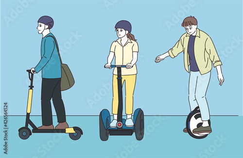 People on wheeled vehicles. hand drawn style vector design illustrations. 
