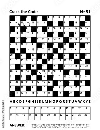 Crack the code crossword puzzle page with codebreaker (or codeword, or code cracker) word game. Large print. Family friendly. Two hints. 15x15 grid. Answer included. 