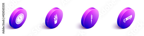 Set Isometric Clock, Plant in pot, Pen and Movie, film, media projector icon. Vector
