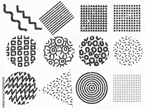 Set of memphis geometric shapes. Textured vector elements for web design.