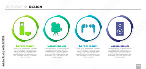 Set USB flash drive, Retro cinema camera, Air headphones and Stereo speaker. Business infographic template. Vector